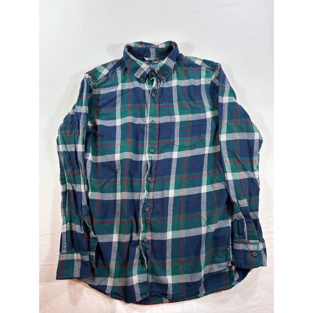 Chaps Performance Mens Medium Blue Green Plaid Flannel Button Down Shirt Cotton